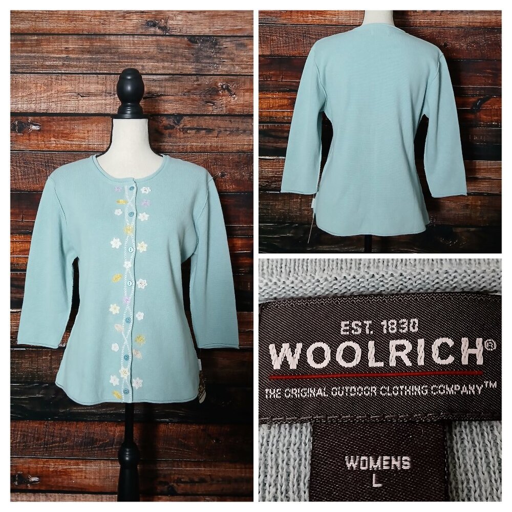NWT Woolrich Maywood Cardigan Sweater L Light Blue Floral Embroidered 3/4 Sleeve